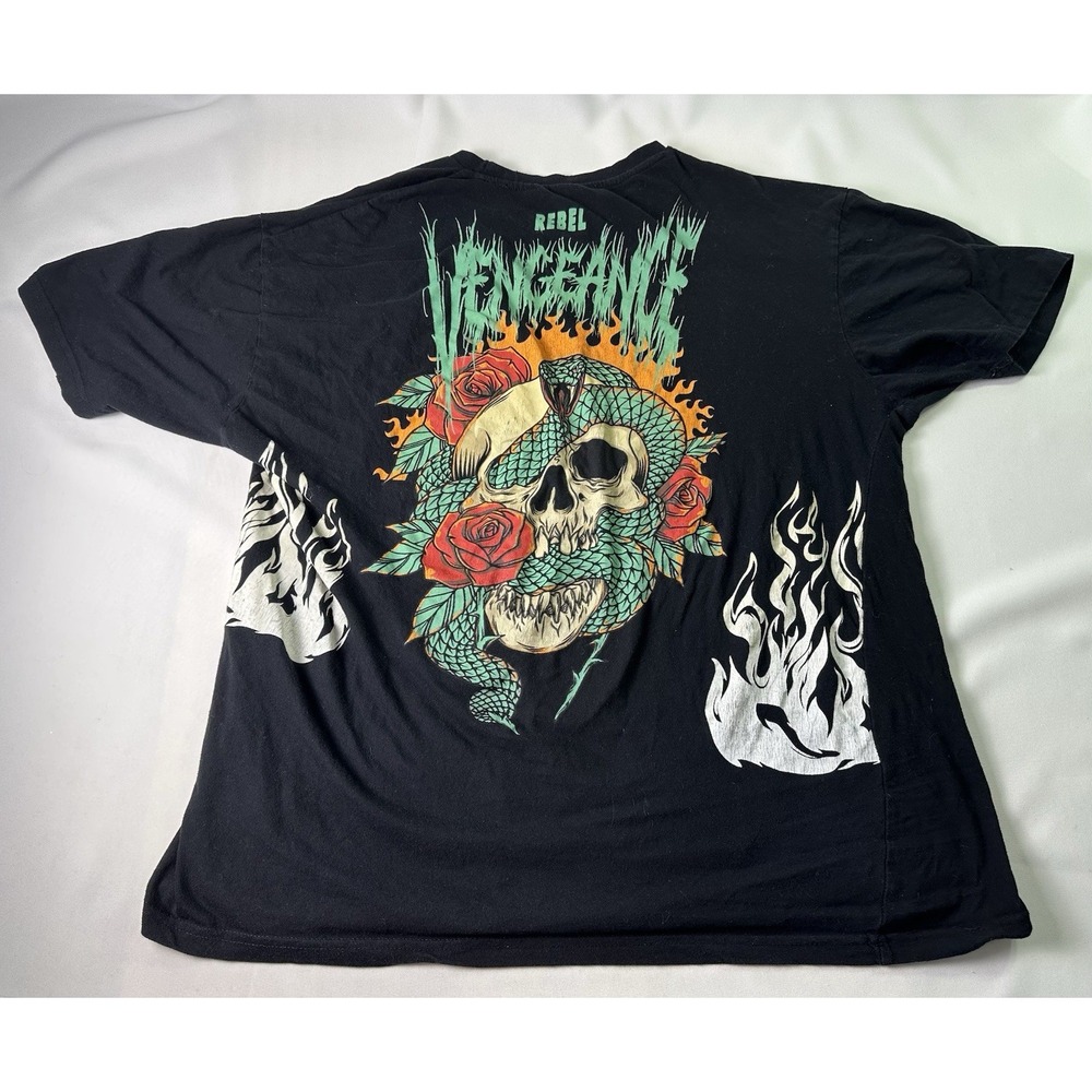 Rebel Vengeance Men's Day of the Dead Flower Skull Snake Black T Shirt Size‎ XL